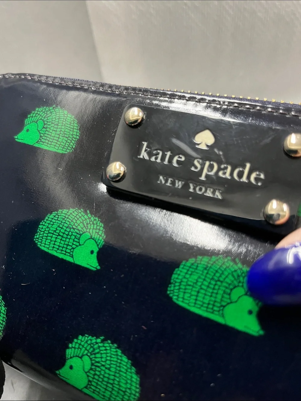 EUC Kate Spade Black Patent Wallet with Green Hedgehog Print storybook lining